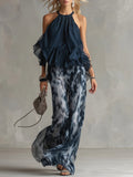 Imani | Chiffon Halter Top and Printed Wide-Leg Pants Set