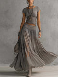 Simone | Sheer Lace Panel Top and Pleated Chiffon Maxi Skirt Set