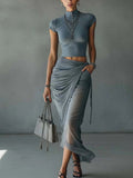 Jasmine | Crop Top and Sheer Mesh Draped Skirt Set
