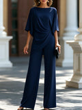 Serena | Draped Cape Sleeve Blouse And Wide Leg Pants Set