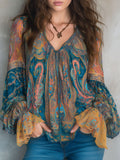 Bohemian Paisley Chiffon Blouse With Ruffled Cuffs
