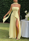 Beach Glam Strapless Slit Ribbon Maxi Dress Style