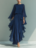 Navy blue chiffon top set with flared sleeves and straight-leg pants with ruffle details
