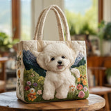 Charming Pup in Nature Scene Quilted Tote Bag