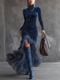 Coastal Chic Dark blue velvet pleated ruffled maxi dress Collection