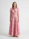 Xanthea | Short Sleeve Floral Textured Waist-Fit Maxi Shirt Dress