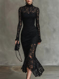 Black Lace Fishtail Stretchy Maxi Dress
