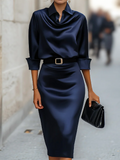 Coastal Chic Elegant Plain Shirt Collar Knee Length Dress With Belt Collection