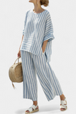 Talia | Sophisticated Blue Striped Linen Top & Relaxed Pants