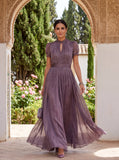 Flavia | Elegant long purple dress with a drop neckline and lace