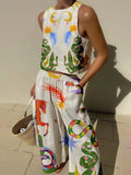 Coastal Chic Unique Print Tank And Elastic Waist Pocketed Pants Set Collection