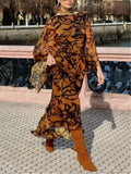 Beach Glam Brown long printed dress with wide sleeves Style