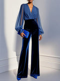 Blue Velvet Mesh Long Sleeve Jumpsuit