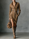 Coastal Chic Suede Single Breasted Lapel Long Sleeve Midi Dress（Includes belt） Collection