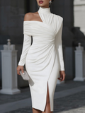 Coastal Chic White Asymmetric Draped High-Neck One-Shoulder Midi Dress Collection
