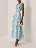 Azure Garden Maxi – Floral Chiffon One-Shoulder Dress