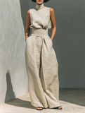 Aurora | Relaxed Beige Sleeveless Wide-Leg Co-Ord Set