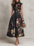 Black Floral Satin Pleated Midi Dress