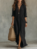 Black Button-Down Shirt Maxi Dress – Loose Fit