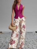 Maya | Sleeveless Spandex Blend Vest and Floral Print Wide-Leg Pants Set