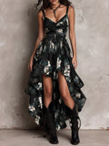 Black strapless boho-style long dress with floral print and asymmetrical hem