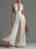Women's Sleeveless V-Neck Pleated Wide-Leg Chiffon Jumpsuit with Zip Closure
