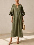 Nora | Olive Green Floral Cuff Kaftan Maxi Dress
