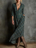 Coastal Chic Green Plaid Lapel Single-Breasted Shirt Long Dress Collection