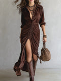 Beach Glam Vintage Button-stitched Pleated Velvet Midi Dress Style