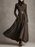 Beach Glam Brown and Black Plaid Lapel Single-Breasted Shirt Long Dress Style