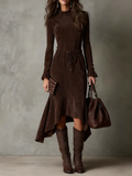 Coastal Chic Elegant Dark Brown Suede Drawstring Irregular Midi Dress Collection