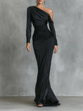 Celina |  Satin One-Shoulder Maxi Dress in Black