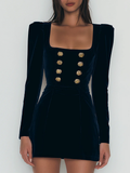 Coastal Chic Elegant Navy Velvet Gold Buttons Mini Dress Collection