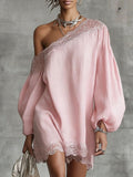Casual Off-Shoulder Dress with Lace Details and Long Sleeves