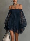 Short Chiffon Dress with Off-Shoulder Neckline, Lace Details, and Sheer Sleeves