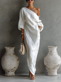 Elegant Flowing Off-the-Shoulder Dress in Ivory White Cotton-Linen