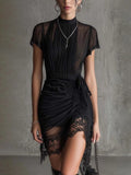 Black chiffon mini dress with a pleated waist and lace trim