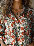 Martha | Summer Poppy Floral Pattern Printed Women's Casual Long Sleeve Comfortable Cotton Shirt