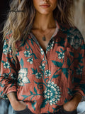 Judith | Women's Retro Red Flowers Print Casual Long Sleeve Comfortable Cotton Shirt