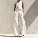 Isla | Contrast Trim Top And Wide Leg Pants Set
