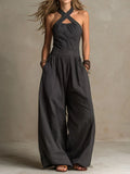 White | Elegant linen and cotton jumpsuit with a crossover neckline